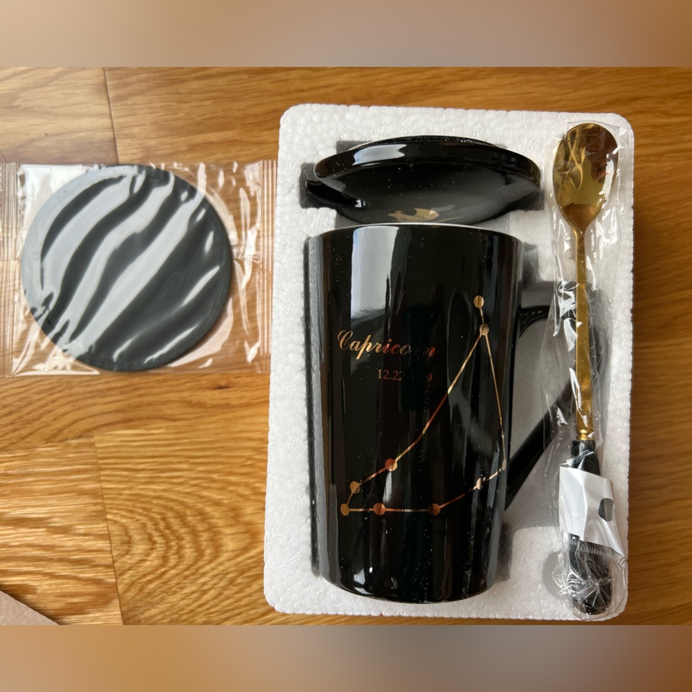 Capricorn Celestial Mug with two-toned Spoon, stamped Lid, and rubber coaster